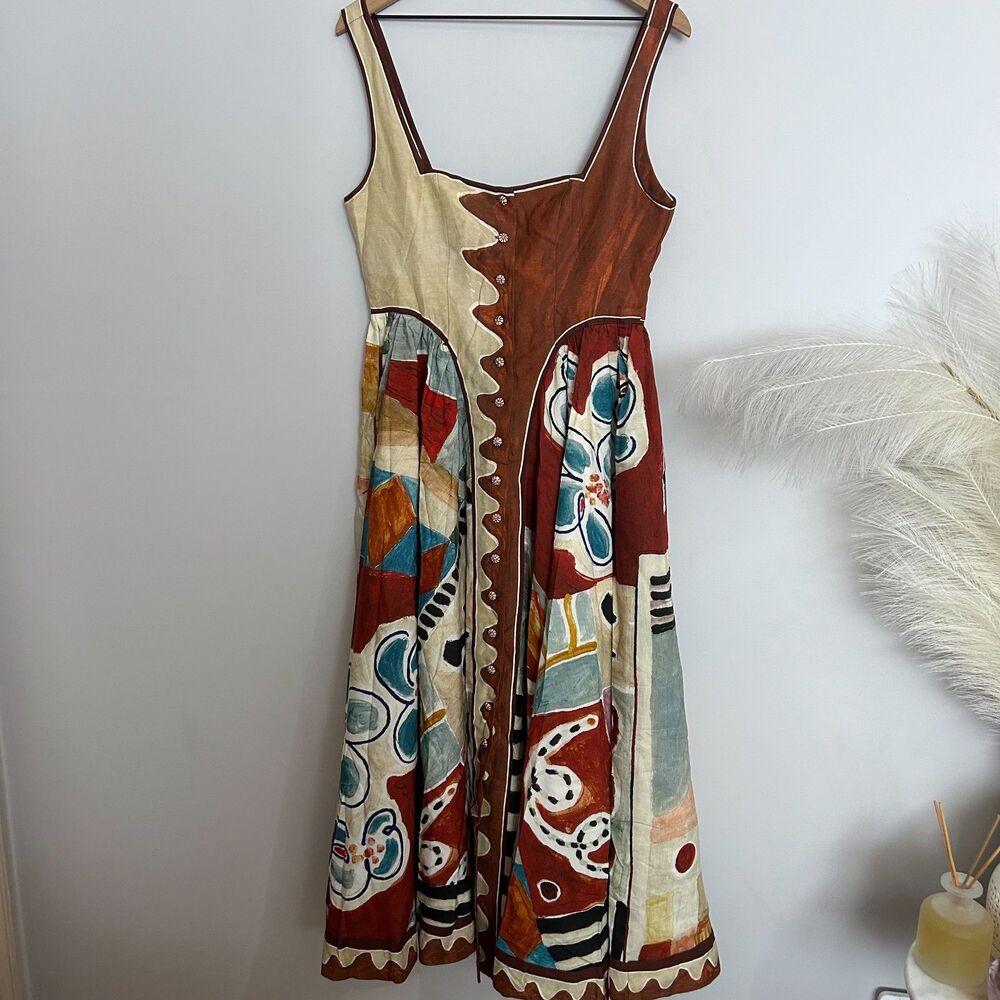 ALÉMAIS Michelle Square Neck Midi Dress US 6 Linen Abstract Print NWT